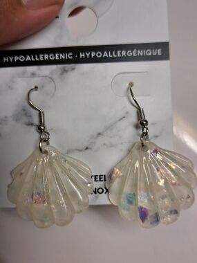 Iridescent Shell Drop Earrings - White